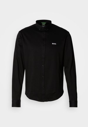 Black long-sleeve shirt with a button-down collar, made of soft fabric, featuring a white embroidered logo on the left chest.