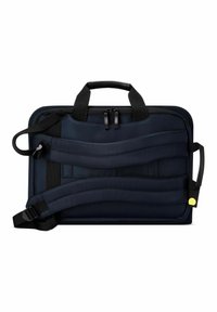 Sacoche pour ordinateur portable en tissu navy avec des sections rembourrées, une poignée supérieure et des bretelles réglables. Présente un accent jaune près de la base.