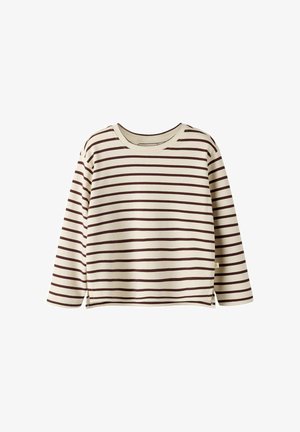 Maglietta a maniche lunghe color crema con strisce orizzontali marroni. Presenta un collo rotondo e spacchi laterali all'orlo per una maggiore libertà di movimento. Tessuto morbido.