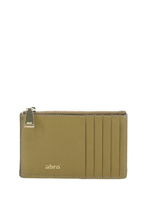 Slim olive green leather cardholder with four card slots, a zippered coin pocket, and gold "abro" logo on front.