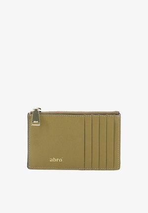 Slim olive green leather cardholder with four card slots, a zippered coin pocket, and gold "abro" logo on front.