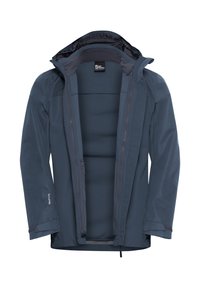 Giacca impermeabile navy con cerniera frontale, imbottitura, cappuccio regolabile e polsini. Caratterizzata da una texture liscia e cuciture rinforzate.