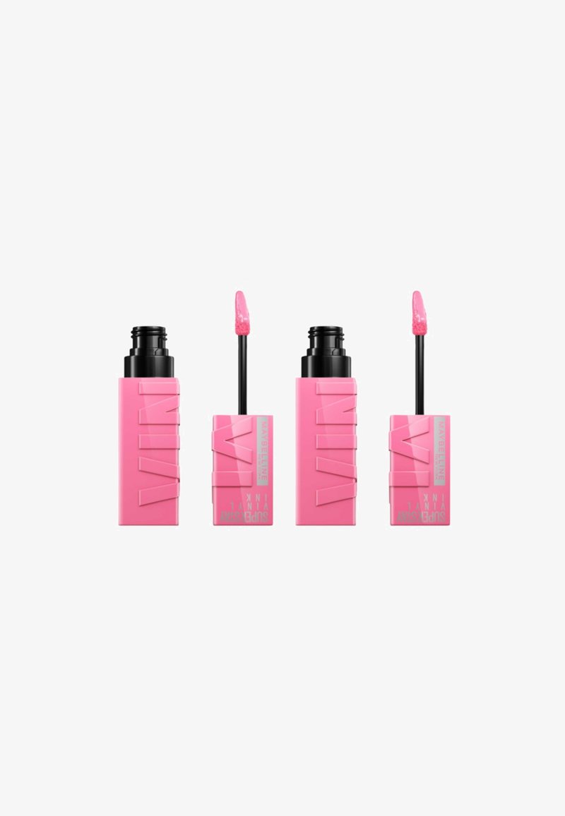 Des tubes de rouge à lèvres rose avec une finition mate, présentant des lettres en gras. Comprend un applicateur noir avec une pointe rose pour une application précise.