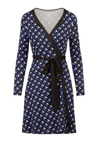 Langärmliges Wickelkleid in Blau, Schwarz und cremefarbenem Dreiecksmuster, mit einem einfarbigen schwarzen Gürtel und einem V-Ausschnitt. Glattes, dehnbares Material.