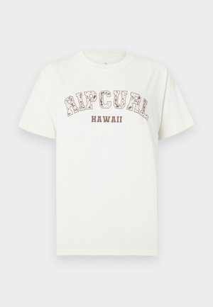 Valge puuvillane T-särk lühikeste varrukatega, millel pruuniga trükitud "RIPCURL" ja "HAWAII". Lihtne disain, ümara kaelusega.
