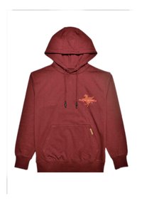 Felpa maroon con tasca a marsupio frontale, cappuccio con cordino e stampa grafica arancione. Realizzata in tessuto morbido con polsini e orlo a costine.