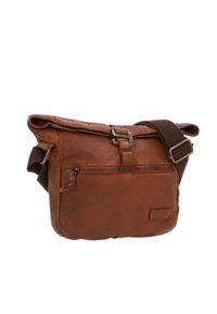 Brown leather messenger bag with a flap, adjustable brown strap, front zipper pocket, and embossed logo on the side. Smooth texture.