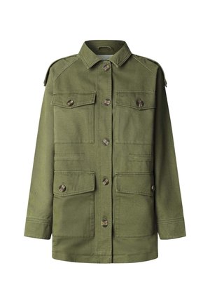 Olijfgroene utiliteitsjacket van duurzame stof met vier frontzakken, knoopsluitingen en schouderepauletten. Glad textuur, ontspannen pasvorm.
