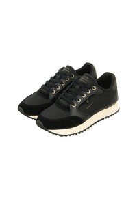 Pair of black GANT sneakers with mesh and suede panels, cream soles, gold eyelets, and logo detailing on the side and tongue.