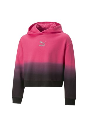 Oříznutá mikina s kapucí s přechodem z jasně růžové do černé, vyrobená z měkké látky, s malým stříbrným logem Puma na přední straně.