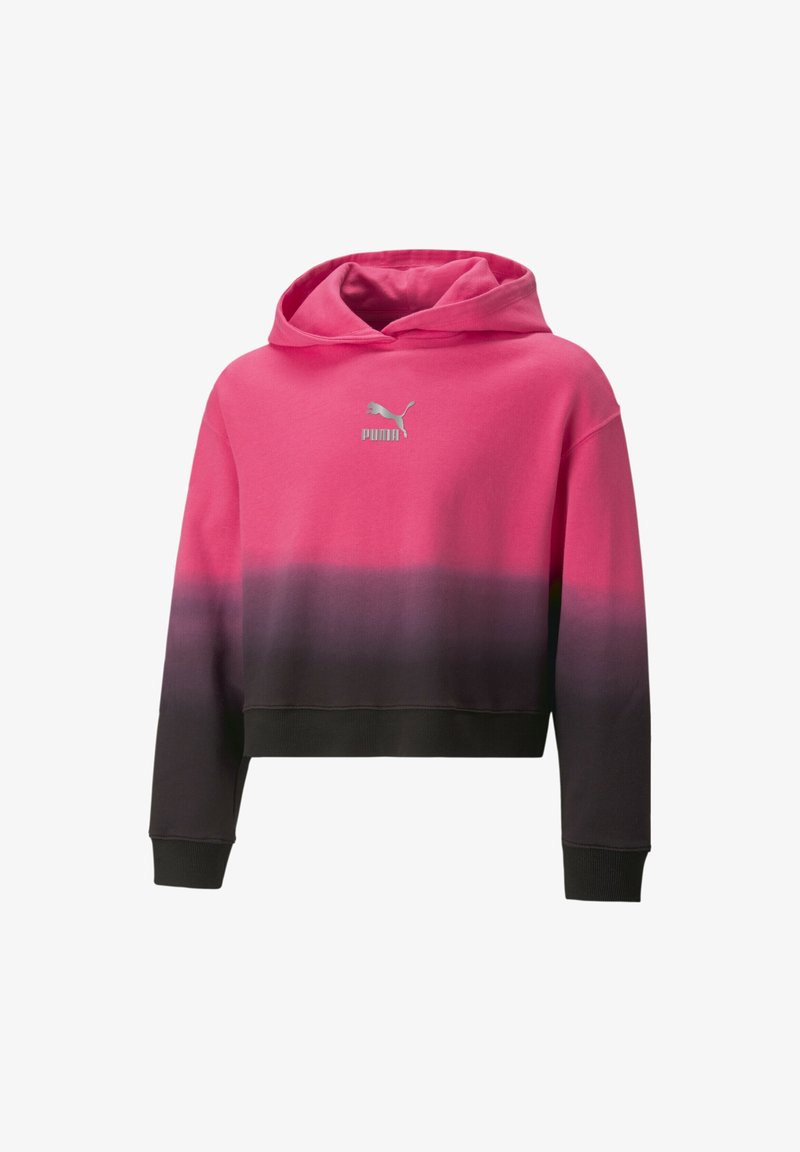 Sweat à capuche court avec un dégradé du rose vif au noir, fabriqué en tissu doux, avec un petit logo Puma argenté sur le devant.