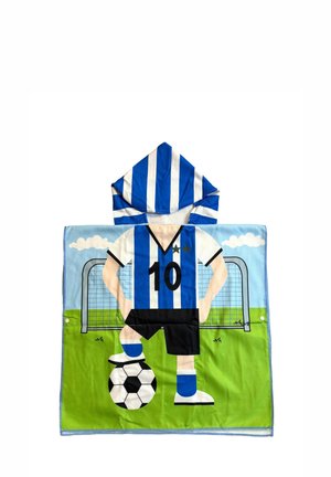 Kinderkapuzentuch gestaltet wie ein Fußballspieler in blau-weiß gestreiftem Trikot mit der Nummer 10, der vor einem Tor steht.