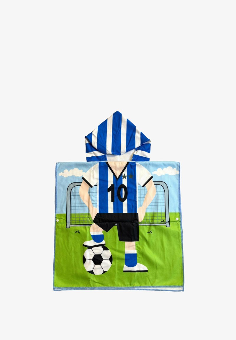 Lasten huppupyyhe, joka on suunniteltu jalkapalloilijaksi sinivalkoraidallisessa numerolla 10 varustetussa paidassa, seisomassa maalin edessä.