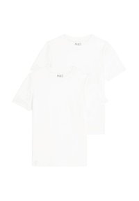 T-shirts en coton blanc, à manches courtes, col rond, présentant un design simple avec le logo de la marque sur le col, vendus par pack de deux.