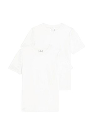 T-shirts en coton blanc, à manches courtes, col rond, présentant un design simple avec le logo de la marque sur le col, vendus par pack de deux.