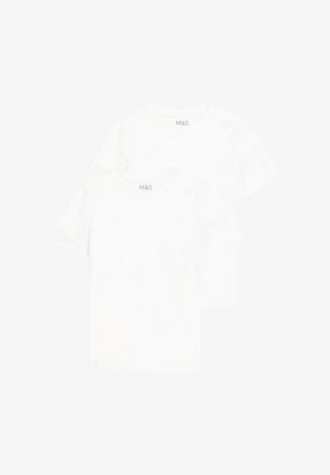 Białe bawełniane t-shirty, krótki rękaw, okrągły dekolt, z prostym wzorem i logo marki na kołnierzyku, sprzedawane w pakiecie po dwa.