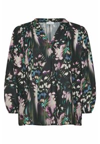 Blusa nera con un vivace motivo floreale e astratto in tonalità di verde, rosa e blu; presenta un collo a V e maniche lunghe fluide.