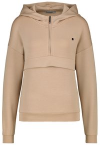 Felpa beige con cappuccio e zip frontale a mezzo, caratterizzata da un design a strati, polsini a costine e un piccolo logo sul petto. Texture morbida.
