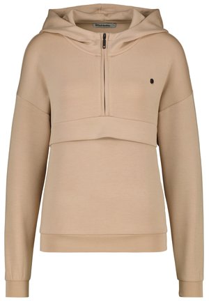 Felpa beige con cappuccio e zip frontale a mezzo, caratterizzata da un design a strati, polsini a costine e un piccolo logo sul petto. Texture morbida.