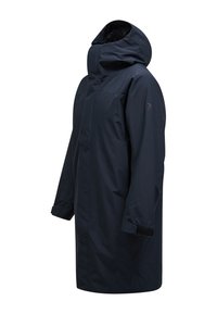 Parka impermeabile blu navy con colletto alto e cappuccio regolabile, dotata di maniche lunghe e polsini in velcro. Il materiale ha una texture liscia e opaca.