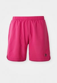 Bright pink athletic shorts with elastic waistband and small brand logo on the lower left leg against a white background.