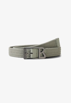 Ceinture en tissu tissé gris clair avec boucle rectangulaire en argent mat arborant un design stylisé "B".
