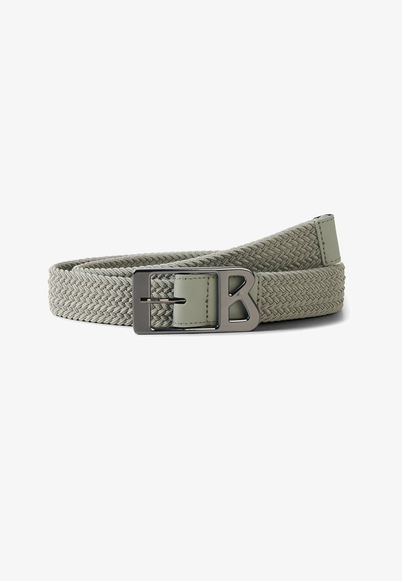 Ceinture en tissu tissé gris clair avec boucle rectangulaire en argent mat arborant un design stylisé "B".