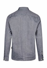 Langarmshirt van vervaagd blauwe geweven stof, met een klassieke kraag, knopenmanchetten en een rechte zoom met een gladde textuur.