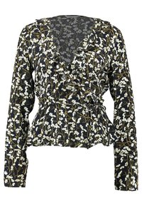 Blusa con motivo floreale su sfondo nero, maniche lunghe, scollatura a V, dettagli arricciati e vita a peplo. Il tessuto ha una consistenza morbida.