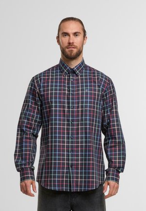Herren Langarmhemd in Marineblau mit einem mehrfarbigen Karomuster. Mit Button-Down-Kragen und Brusttasche; weicher Stofftextur.