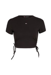 Czarny prążkowany krótki top z krótkim rękawem, z bocznymi sznurkami i małym logo Tommy Jeans na piersi.