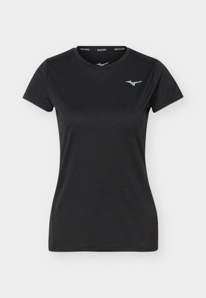 T-shirt de sport noir à manches courtes et coupe ajustée, avec col rond et petit logo blanc Mizuno sur la poitrine gauche.