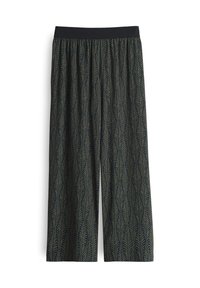 Pantaloni ampi di colore scuro con motivo a foglia. Vita elastica, tessuto leggero e design fluido.