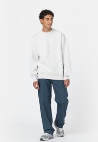 Gray sweatshirt with long sleeves, ribbed cuffs, and a round neckline. Worn with dark blue pants and gray athletic shoes. Smooth texture.