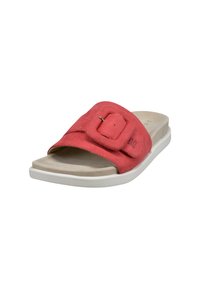 Sandale à glissière en tissu corail avec un accent en boucle carrée et une semelle intérieure rembourrée beige clair. Présente une semelle en caoutchouc blanc.