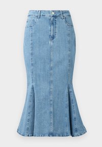 Lichtblauwe denim kokerrok met een uitlopende zoom en zijsplitsingen, voorzien van een knoopsluiting aan de voorkant en zakken. Eenvoudig, schoon ontwerp.