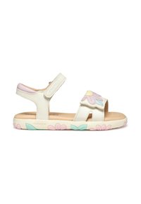 Sandalo bianco con design floreali in rosa, blu e giallo, dotato di due cinturini regolabili e suola in gomma testurizzata. Marca: Geox.