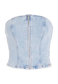 Jeans-top utan axelband i ljusblått, med dragkedja framtill och figursydd design. Slät textur med synliga sömnadsdetaljer längs sömmarna.