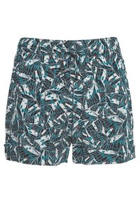 Printed swim shorts in a black, white, and teal leaf pattern. Features an elastic waistband with a drawstring and rolled cuffs. Lightweight fabric.
