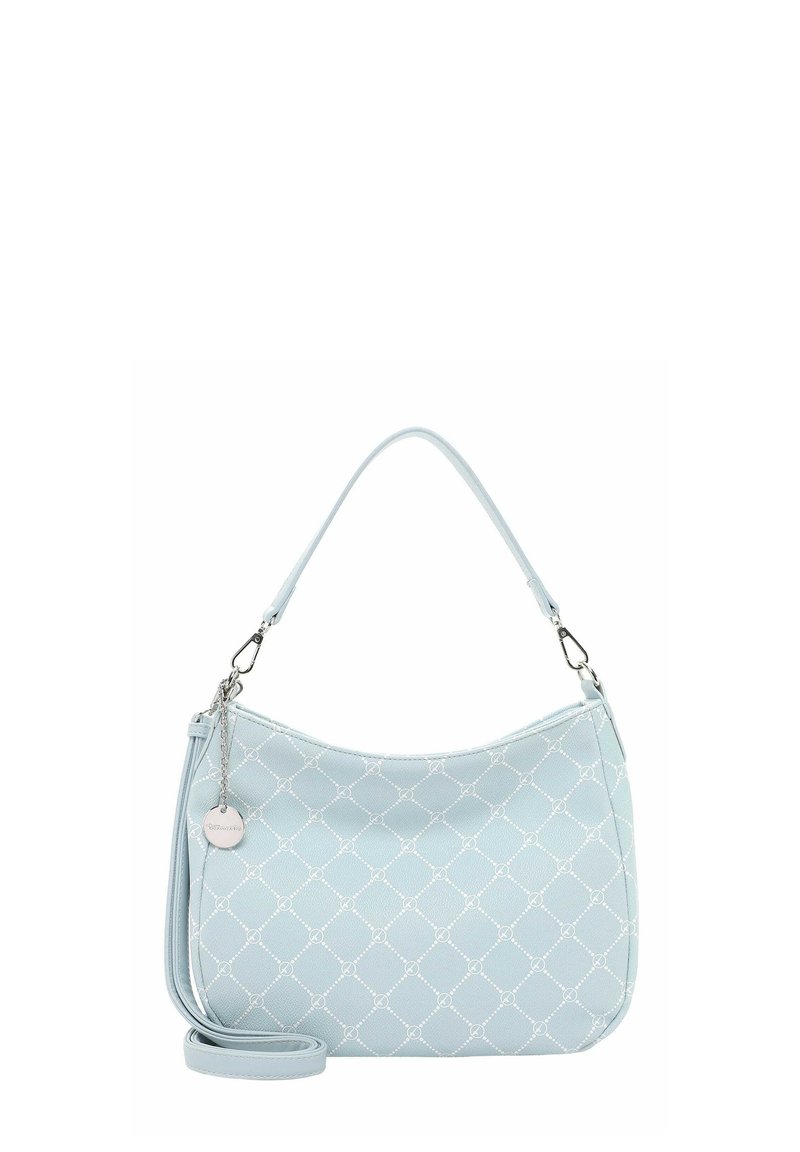 Sac à main synthétique bleu clair avec un motif matelassé, une bandoulière et des accessoires en métal argenté. Présente un charme de logo attaché.