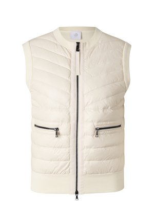 Ärmellose, cremefarbene wattierte Weste mit Reißverschluss vorne, zwei horizontalen Reißverschlusstaschen, geripptem Kragen und Saum.