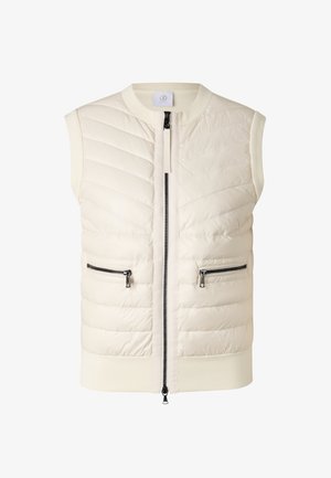 Bezrękawnik w kolorze kremowym z wyściełanym wnętrzem, zapinany z przodu na zamek błyskawiczny, z dwoma poziomymi kieszeniami zapinanymi na zamek, z prążkowanym kołnierzem i krawędzią.