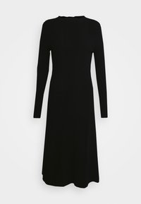 Vestito lungo nero a maniche lunghe con scollatura rotonda, corpino aderente e gonna svasata, realizzato in tessuto elasticizzato per garantire comfort.