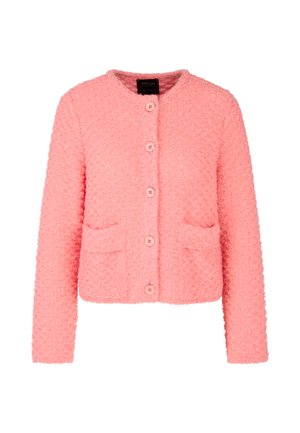 Pink textured cardigan with a round collar, featuring five buttons, two front pockets, and long sleeves. Material has a soft, fluffy appearance.