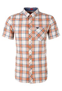 Camicia a maniche corte a quadri che presenta quadrati arancioni, blu e gialli su uno sfondo bianco, con taschino sul petto e colletto con bottoni.