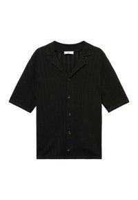 Black short-sleeve shirt with a ribbed texture, button front, and a flat collar. Straight hem with subtle vertical stripes.
