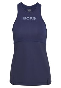 Námořnická modrá sportovní tílko vyrobené z hladké tkaniny. Má kulatý výstřih, design s otvorenými zády a stříbrné logo "BORG" na přední straně.