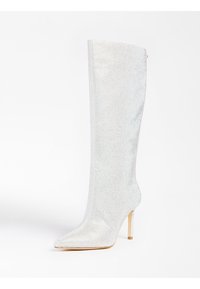Knee-high glittering silver stiletto boot with a pointed toe, metal accents, and a smooth, reflective texture.