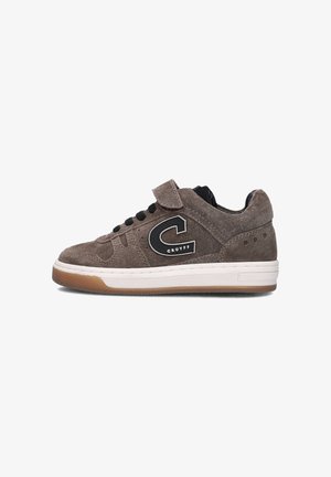 Brown suede sneakers with black accents, featuring a velcro strap and black laces. White midsole and gum rubber outsole with perforated details.