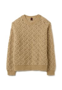 Beige gebreide trui met een gestructureerd patroonontwerp, voorzien van een ronde halslijn en ribgebreide manchetten en zoom.
